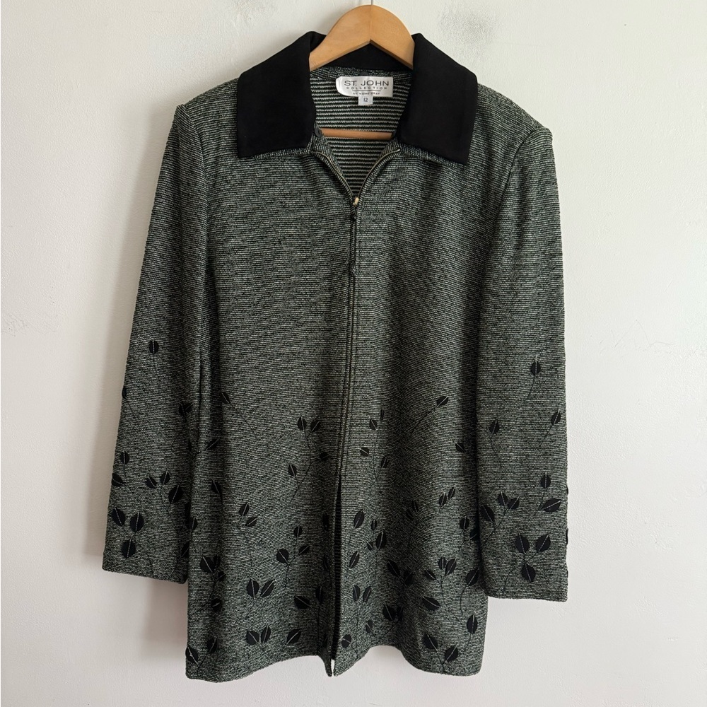 St. John Collection Suede Leather Collar Black Green Jacket